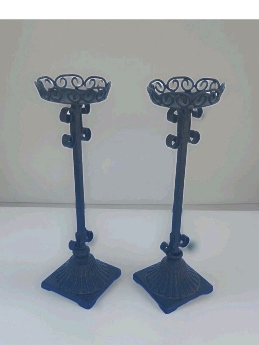 14" Wrought Iron Spanish Decor Candle Holders Candlesticks Holds 3" Round Vtg